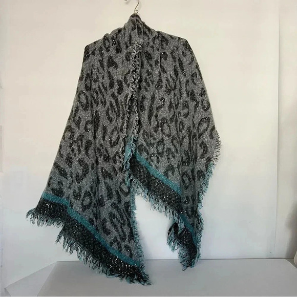 INC International Concepts Accessories - INC International Concepts Leopard Print Sequin Wrap Scarf Gray Black Blue